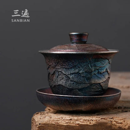 Silver gilded999San Cai Gaiwan Tea Handmade Cliff Pattern Resumption Kung Fu Tea Set Jingdezhen Cup with Cover Tea Bowl