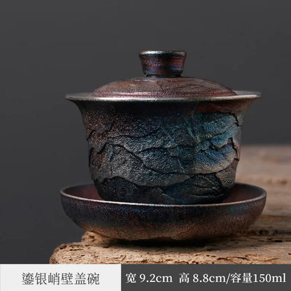 Silver gilded999San Cai Gaiwan Tea Handmade Cliff Pattern Resumption Kung Fu Tea Set Jingdezhen Cup with Cover Tea Bowl