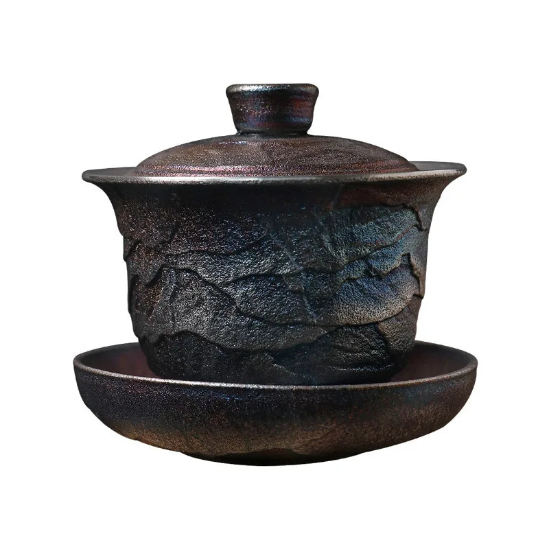 Silver gilded999San Cai Gaiwan Tea Handmade Cliff Pattern Resumption Kung Fu Tea Set Jingdezhen Cup with Cover Tea Bowl