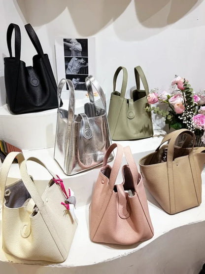 Simple Bucket Bag Women 2024 New Cowhide Solid Commuter Handbags Minority Fashion One Shoulder Crossbody Purses Designer Bolsos