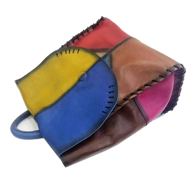 Simple Casual Luxury Cowhide Patchwork Backpacks Retro Brush-off Leather Handmade Shoulder Bags 2024 New All-match Bolsos Mujer