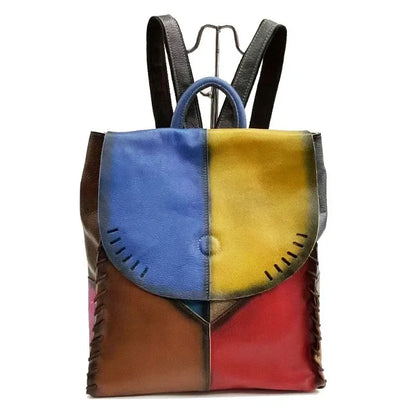 Simple Casual Luxury Cowhide Patchwork Backpacks Retro Brush-off Leather Handmade Shoulder Bags 2024 New All-match Bolsos Mujer