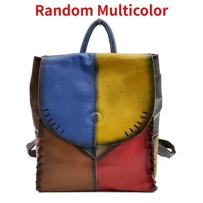 Simple Casual Luxury Cowhide Patchwork Backpacks Retro Brush-off Leather Handmade Shoulder Bags 2024 New All-match Bolsos Mujer