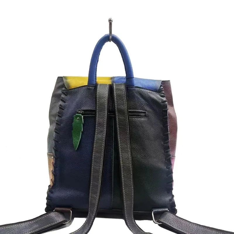 Simple Casual Luxury Cowhide Patchwork Backpacks Retro Brush-off Leather Handmade Shoulder Bags 2024 New All-match Bolsos Mujer