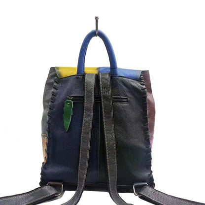 Simple Casual Luxury Cowhide Patchwork Backpacks Retro Brush-off Leather Handmade Shoulder Bags 2024 New All-match Bolsos Mujer