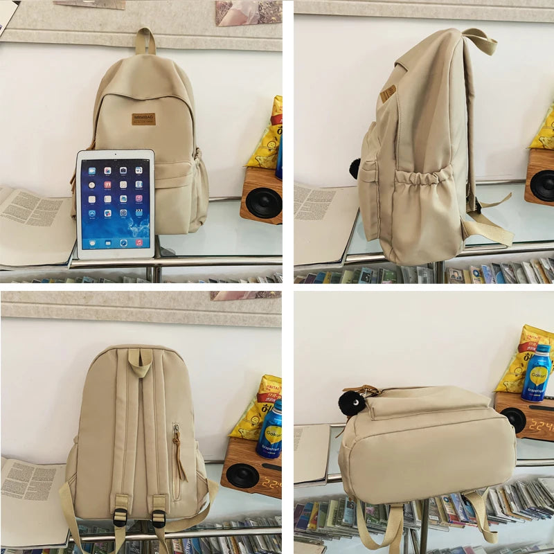 Simple Design Waterproof Solid Color Nylon Women Backpack College Style Travel Rucksack School Bags for Teenage Girl Boys New