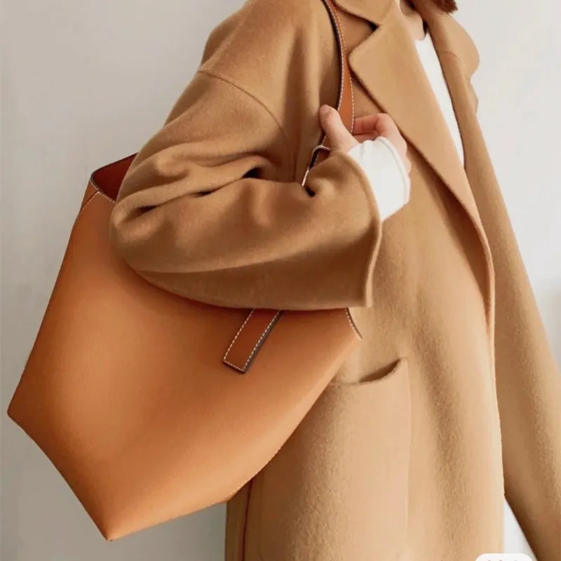 Simple Elegant Bucket Bag Women Fashion Large Capacity Shoulder Bags Soft All-match Cowhide Tote Handbags Commuter Luxury Bolsos