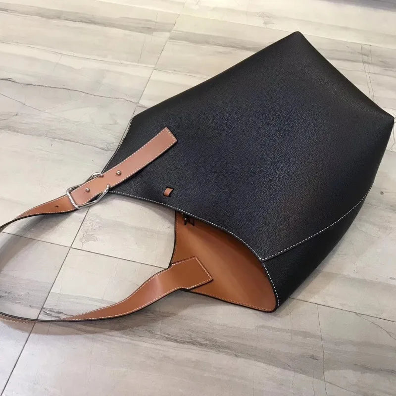 Simple Elegant Bucket Bag Women Fashion Large Capacity Shoulder Bags Soft All-match Cowhide Tote Handbags Commuter Luxury Bolsos