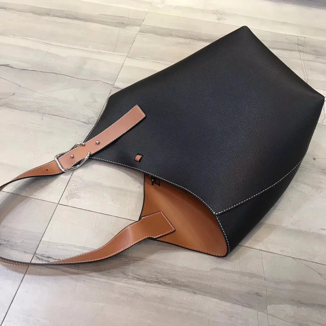 Simple Elegant Bucket Bag Women Fashion Large Capacity Shoulder Bags Soft All-match Cowhide Tote Handbags Commuter Luxury Bolsos