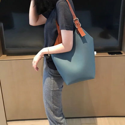 Simple Elegant Bucket Bag Women Fashion Large Capacity Shoulder Bags Soft All-match Cowhide Tote Handbags Commuter Luxury Bolsos
