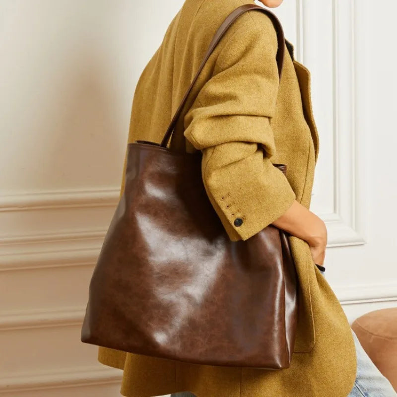 Simple Large Capacity Commuter Bucket Bag High Quality Luxury Genuine Leather Tote Handbags Female Solid Color All-match Bolsos