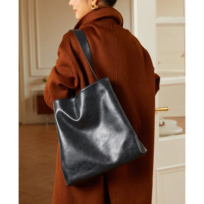 Simple Large Capacity Commuter Bucket Bag High Quality Luxury Genuine Leather Tote Handbags Female Solid Color All-match Bolsos