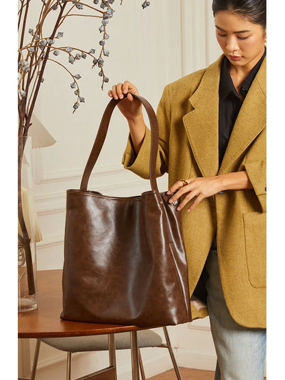 Simple Large Capacity Commuter Bucket Bag High Quality Luxury Genuine Leather Tote Handbags Female Solid Color All-match Bolsos