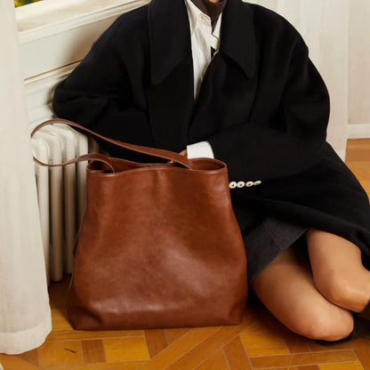 Simple Large Capacity Commuter Bucket Bag High Quality Luxury Genuine Leather Tote Handbags Female Solid Color All-match Bolsos