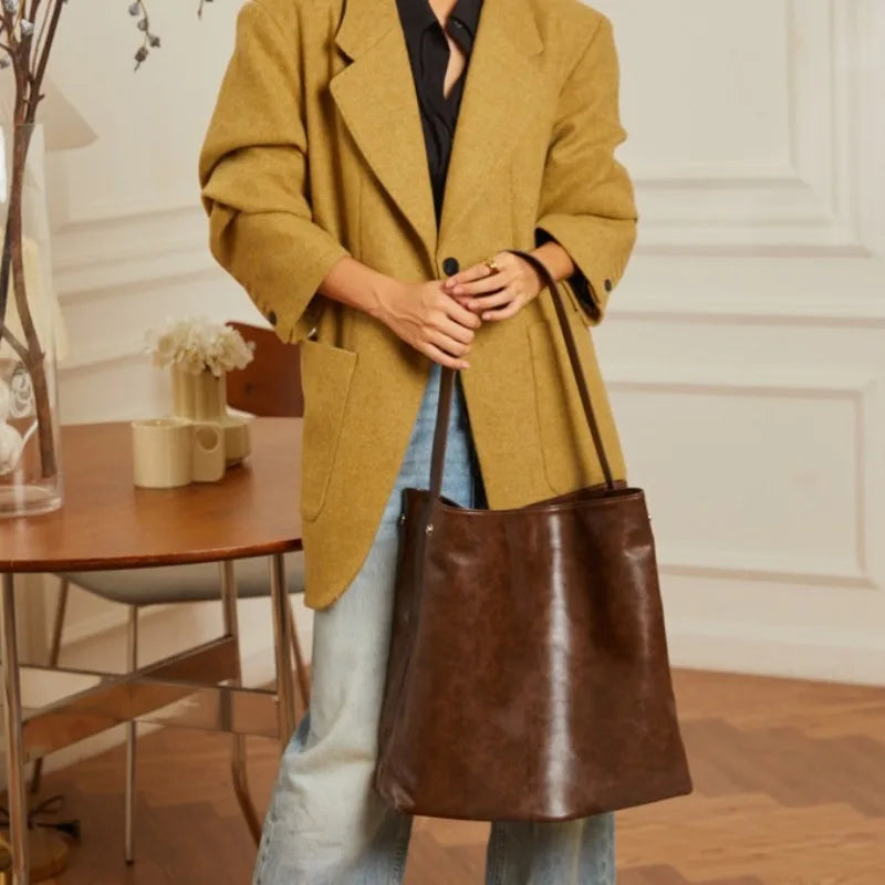 Simple Large Capacity Commuter Bucket Bag High Quality Luxury Genuine Leather Tote Handbags Female Solid Color All-match Bolsos