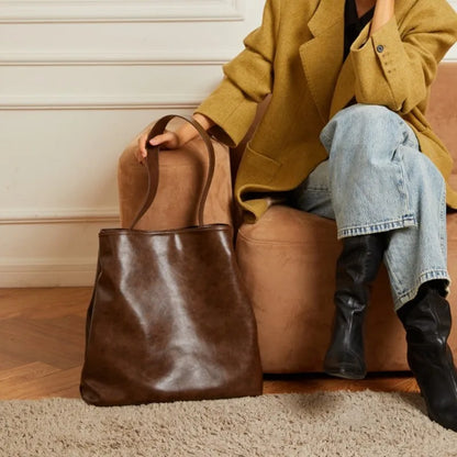 Simple Large Capacity Commuter Bucket Bag High Quality Luxury Genuine Leather Tote Handbags Female Solid Color All-match Bolsos