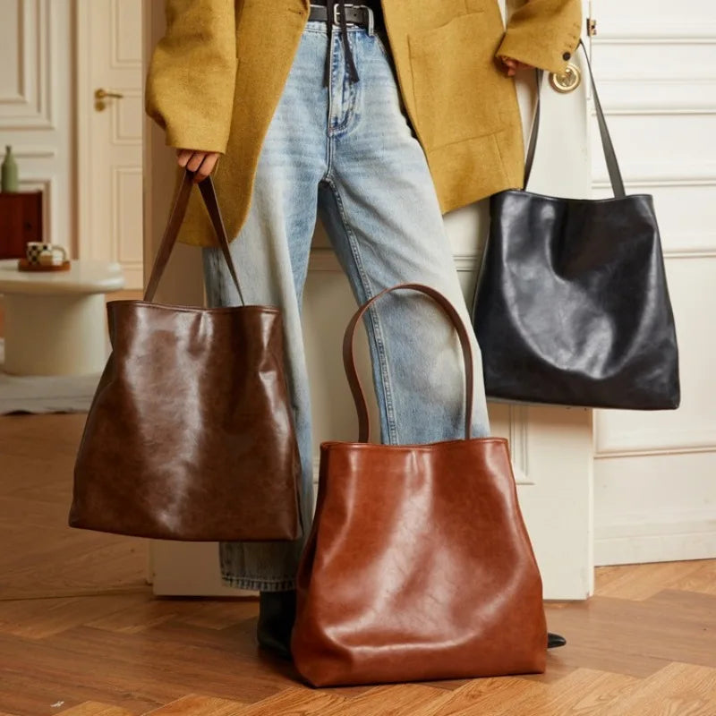 Simple Large Capacity Commuter Bucket Bag High Quality Luxury Genuine Leather Tote Handbags Female Solid Color All-match Bolsos