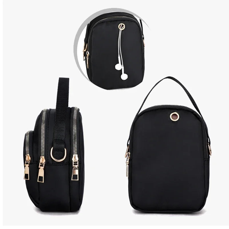 Simple Women Mini Shoulder Bag Double Zipper Small Handbags Messenger Bag Zipper Mobile Phone Pouch With Earphone Cable Hole