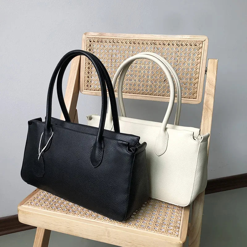Simple Women's Tote Handbags Luxury Genuine Leather Large Capacity Retro Lichee Pattern Underarm Shoulder Bag 2024 Luxury Bolsa