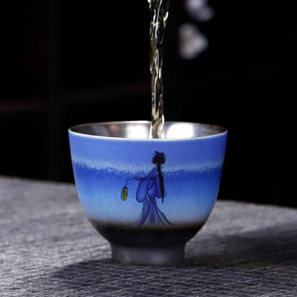 Single Pure Silver Tea Cup, Ceramic Cup, Inlaid with Silver Tea Lamp, Kungfu Tea Bowl, Pure Hand Gilded