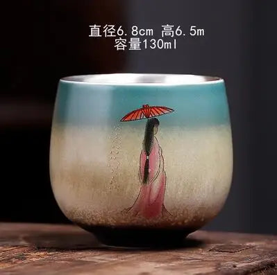 Single Pure Silver Tea Cup, Ceramic Cup, Inlaid with Silver Tea Lamp, Kungfu Tea Bowl, Pure Hand Gilded