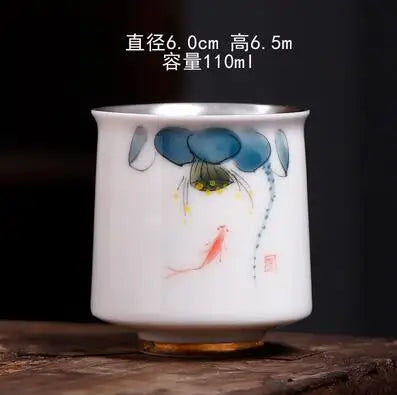 Single Pure Silver Tea Cup, Ceramic Cup, Inlaid with Silver Tea Lamp, Kungfu Tea Bowl, Pure Hand Gilded