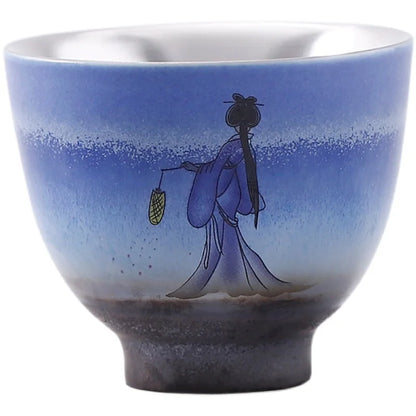 Single Pure Silver Tea Cup, Ceramic Cup, Inlaid with Silver Tea Lamp, Kungfu Tea Bowl, Pure Hand Gilded
