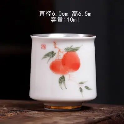 Single Pure Silver Tea Cup, Ceramic Cup, Inlaid with Silver Tea Lamp, Kungfu Tea Bowl, Pure Hand Gilded
