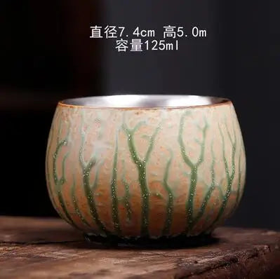 Single Pure Silver Tea Cup, Ceramic Cup, Inlaid with Silver Tea Lamp, Kungfu Tea Bowl, Pure Hand Gilded