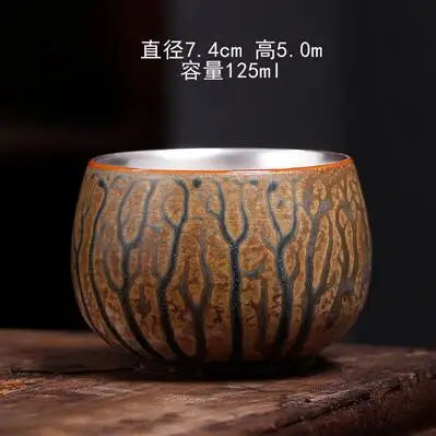 Single Pure Silver Tea Cup, Ceramic Cup, Inlaid with Silver Tea Lamp, Kungfu Tea Bowl, Pure Hand Gilded