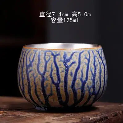 Single Pure Silver Tea Cup, Ceramic Cup, Inlaid with Silver Tea Lamp, Kungfu Tea Bowl, Pure Hand Gilded