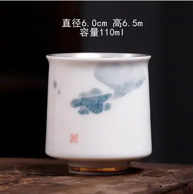 Single Pure Silver Tea Cup, Ceramic Cup, Inlaid with Silver Tea Lamp, Kungfu Tea Bowl, Pure Hand Gilded