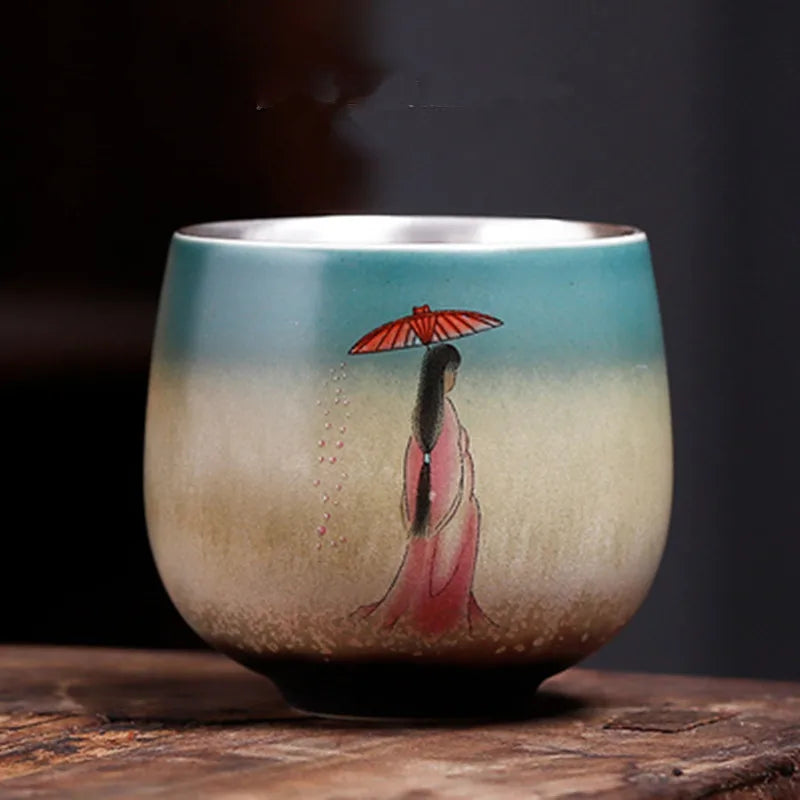 Single Pure Silver Tea Cup, Ceramic Cup, Inlaid with Silver Tea Lamp, Kungfu Tea Bowl, Pure Hand Gilded