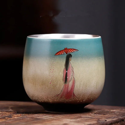 Single Pure Silver Tea Cup, Ceramic Cup, Inlaid with Silver Tea Lamp, Kungfu Tea Bowl, Pure Hand Gilded