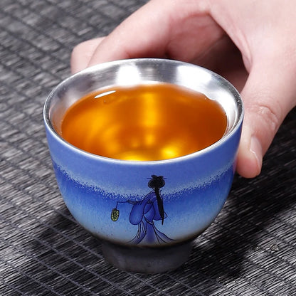 Single Pure Silver Tea Cup, Ceramic Cup, Inlaid with Silver Tea Lamp, Kungfu Tea Bowl, Pure Hand Gilded