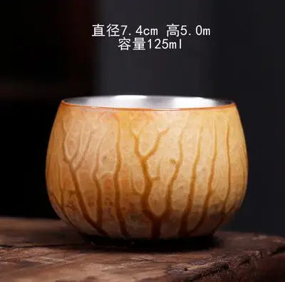 Single Pure Silver Tea Cup, Ceramic Cup, Inlaid with Silver Tea Lamp, Kungfu Tea Bowl, Pure Hand Gilded