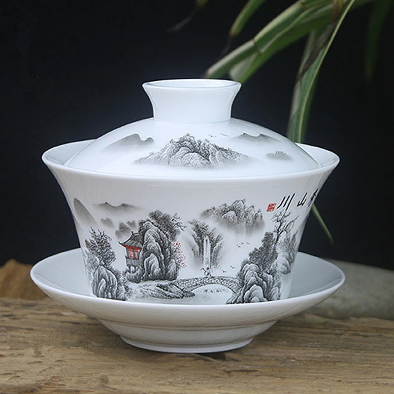 Single Teacup Tea Set, Large Cover Bowl, Kung Fu, Dehua Ceramics, Sancai White Porcelain, Blue and White Gaiwan, 320ml