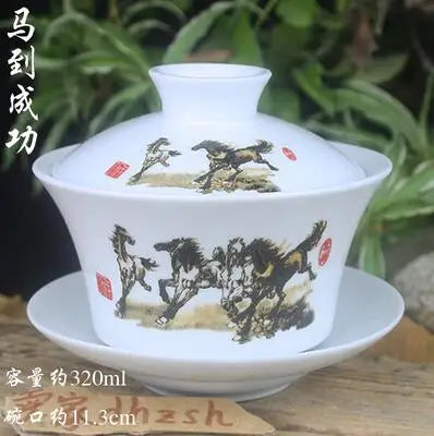 Single Teacup Tea Set, Large Cover Bowl, Kung Fu, Dehua Ceramics, Sancai White Porcelain, Blue and White Gaiwan, 320ml