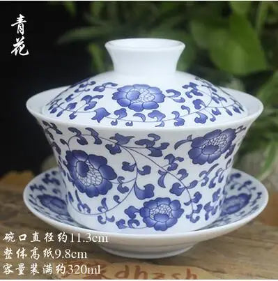 Single Teacup Tea Set, Large Cover Bowl, Kung Fu, Dehua Ceramics, Sancai White Porcelain, Blue and White Gaiwan, 320ml