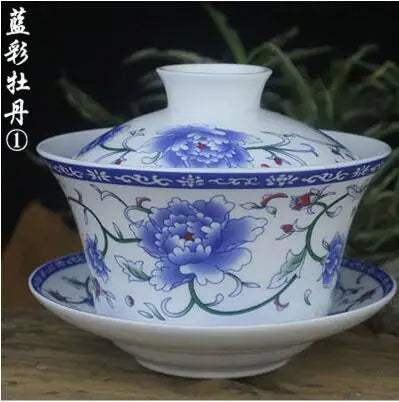 Single Teacup Tea Set, Large Cover Bowl, Kung Fu, Dehua Ceramics, Sancai White Porcelain, Blue and White Gaiwan, 320ml