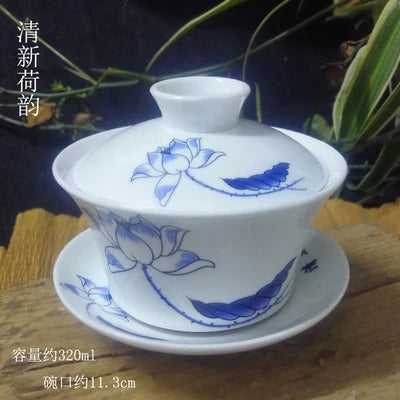Single Teacup Tea Set, Large Cover Bowl, Kung Fu, Dehua Ceramics, Sancai White Porcelain, Blue and White Gaiwan, 320ml