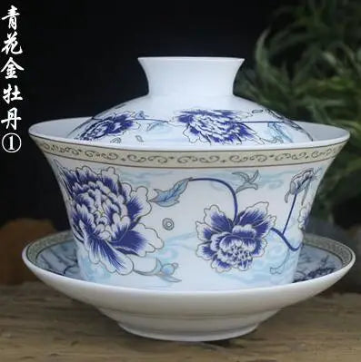 Single Teacup Tea Set, Large Cover Bowl, Kung Fu, Dehua Ceramics, Sancai White Porcelain, Blue and White Gaiwan, 320ml