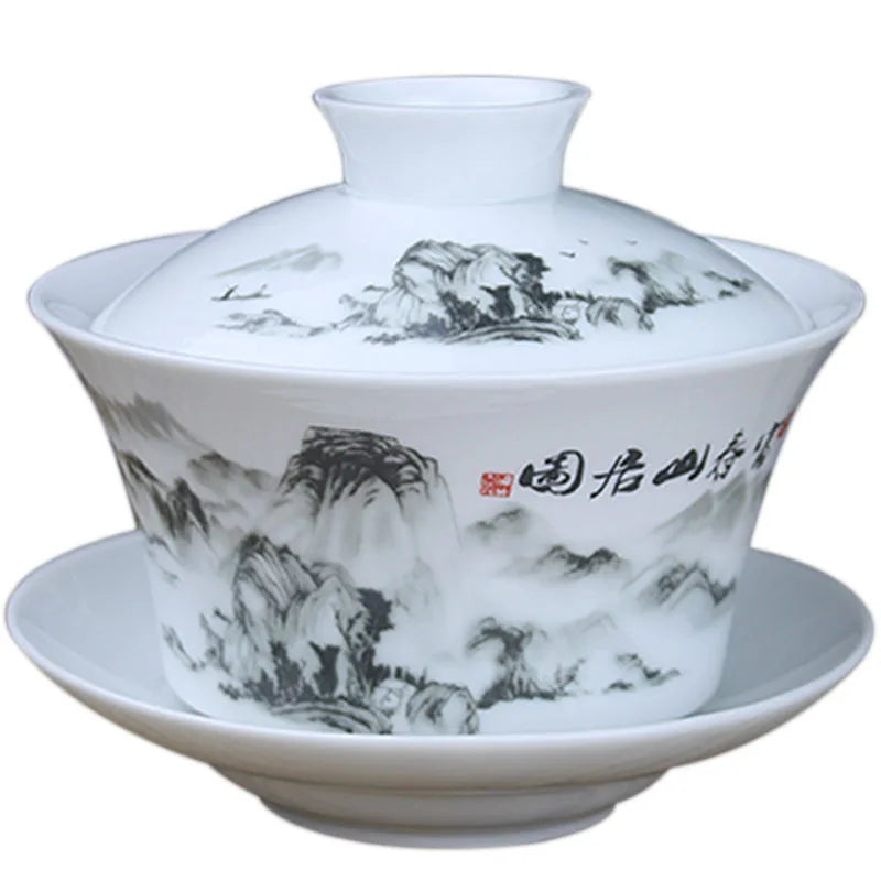 Single Teacup Tea Set, Large Cover Bowl, Kung Fu, Dehua Ceramics, Sancai White Porcelain, Blue and White Gaiwan, 320ml