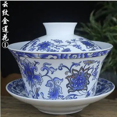 Single Teacup Tea Set, Large Cover Bowl, Kung Fu, Dehua Ceramics, Sancai White Porcelain, Blue and White Gaiwan, 320ml