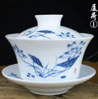 Single Teacup Tea Set, Large Cover Bowl, Kung Fu, Dehua Ceramics, Sancai White Porcelain, Blue and White Gaiwan, 320ml