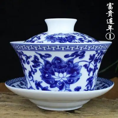Single Teacup Tea Set, Large Cover Bowl, Kung Fu, Dehua Ceramics, Sancai White Porcelain, Blue and White Gaiwan, 320ml