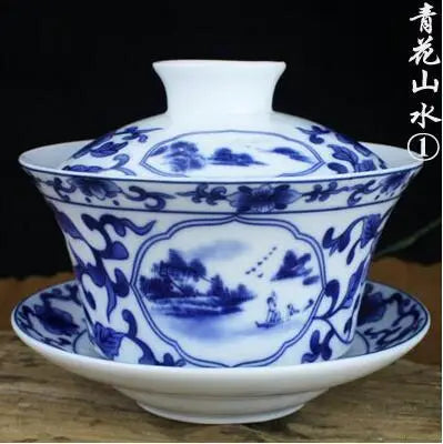 Single Teacup Tea Set, Large Cover Bowl, Kung Fu, Dehua Ceramics, Sancai White Porcelain, Blue and White Gaiwan, 320ml
