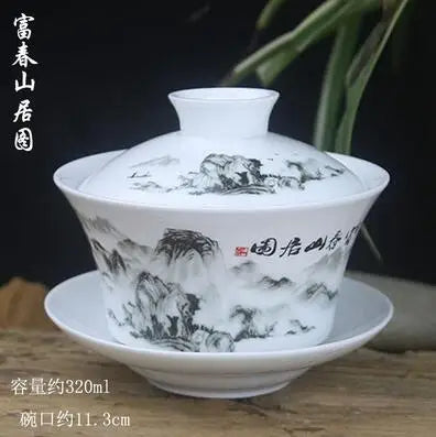 Single Teacup Tea Set, Large Cover Bowl, Kung Fu, Dehua Ceramics, Sancai White Porcelain, Blue and White Gaiwan, 320ml