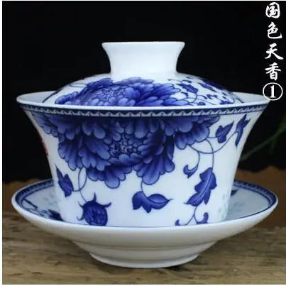 Single Teacup Tea Set, Large Cover Bowl, Kung Fu, Dehua Ceramics, Sancai White Porcelain, Blue and White Gaiwan, 320ml