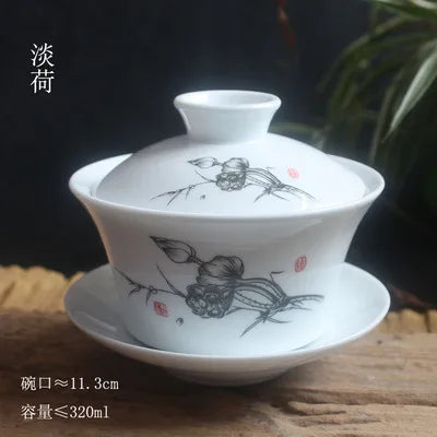 Single Teacup Tea Set, Large Cover Bowl, Kung Fu, Dehua Ceramics, Sancai White Porcelain, Blue and White Gaiwan, 320ml